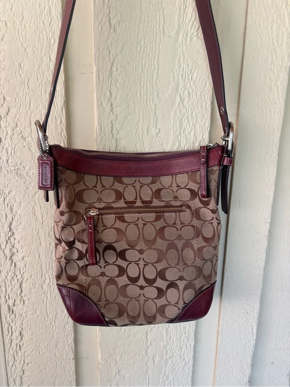 Coach Brown Signature Canvas Crossbody with Burgundy Trim